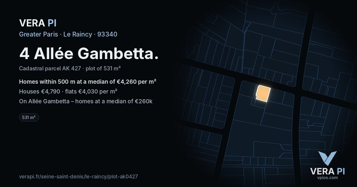 4 Allée Gambetta, Le Raincy at night – the plot lit, the parcels around coloured by the prices near them