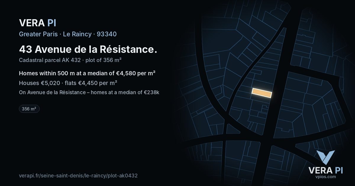 43 Avenue de la Résistance, Le Raincy at night – the plot lit, the parcels around coloured by the prices near them