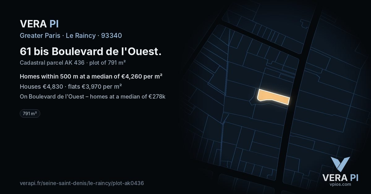 61 bis Boulevard de l'Ouest, Le Raincy at night – the plot lit, the parcels around coloured by the prices near them
