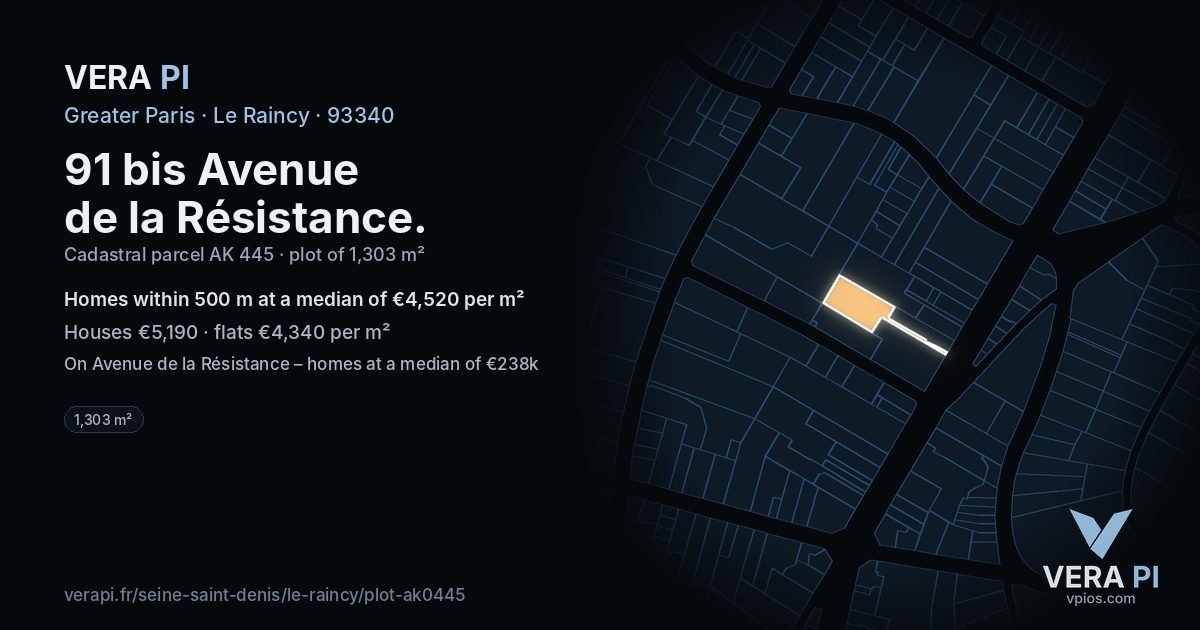 91 bis Avenue de la Résistance, Le Raincy at night – the plot lit, the parcels around coloured by the prices near them