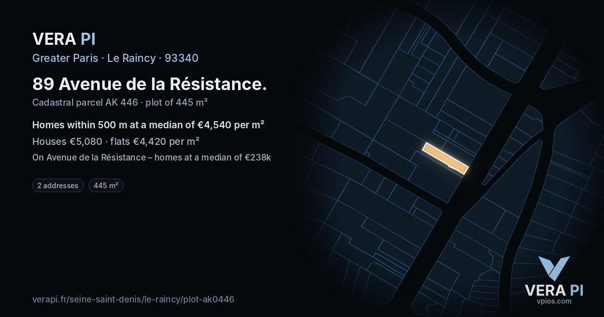 89 Avenue de la Résistance, Le Raincy at night – the plot lit, the parcels around coloured by the prices near them