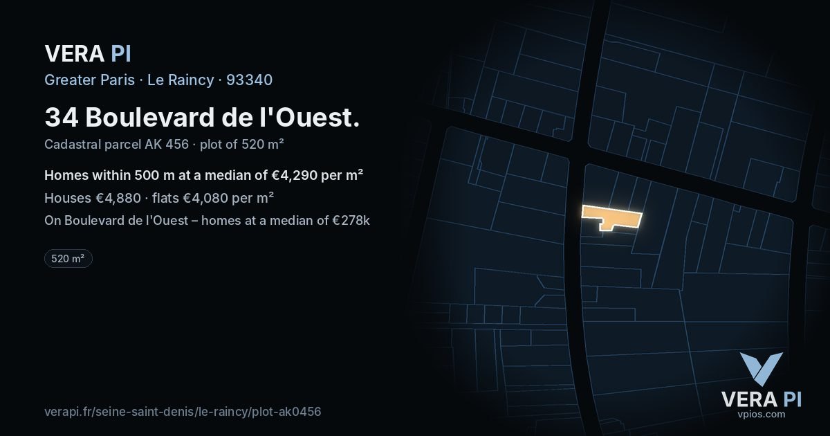 34 Boulevard de l'Ouest, Le Raincy at night – the plot lit, the parcels around coloured by the prices near them