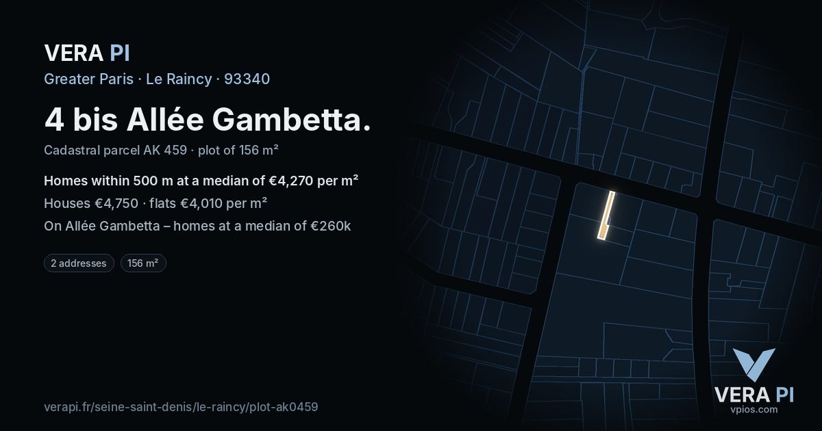 4 bis Allée Gambetta, Le Raincy at night – the plot lit, the parcels around coloured by the prices near them