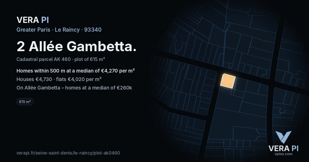 2 Allée Gambetta, Le Raincy at night – the plot lit, the parcels around coloured by the prices near them