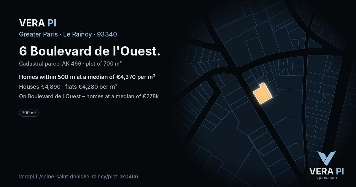 6 Boulevard de l'Ouest, Le Raincy at night – the plot lit, the parcels around coloured by the prices near them