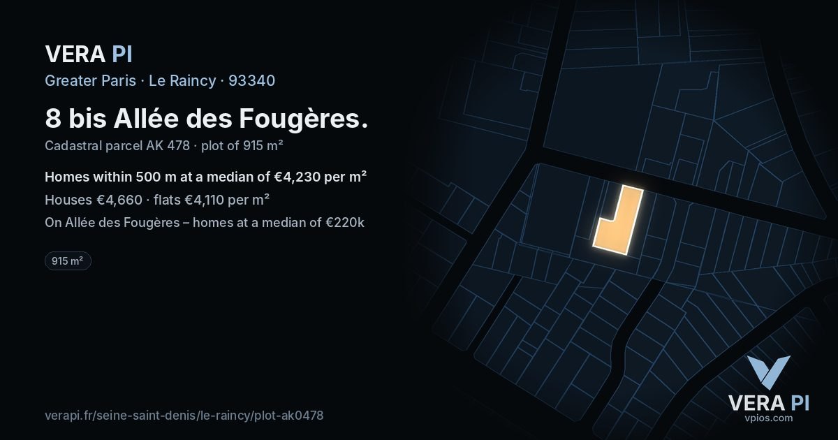 8 bis Allée des Fougères, Le Raincy at night – the plot lit, the parcels around coloured by the prices near them