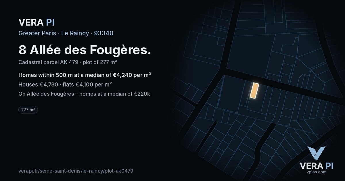 8 Allée des Fougères, Le Raincy at night – the plot lit, the parcels around coloured by the prices near them