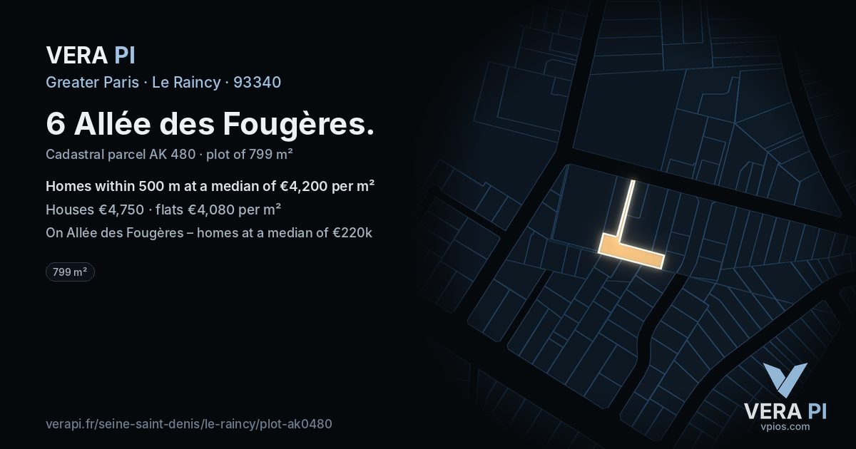6 Allée des Fougères, Le Raincy at night – the plot lit, the parcels around coloured by the prices near them