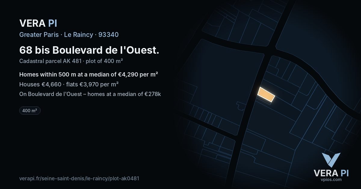 68 bis Boulevard de l'Ouest, Le Raincy at night – the plot lit, the parcels around coloured by the prices near them