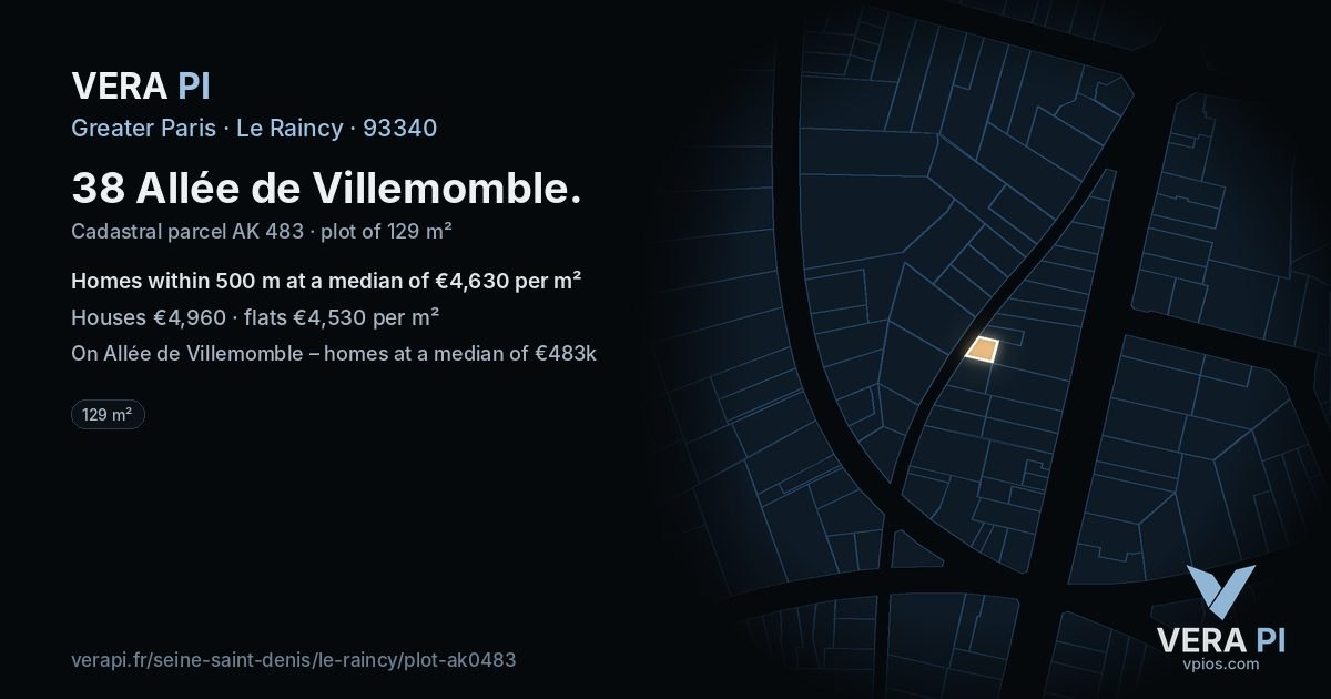 38 Allée de Villemomble, Le Raincy at night – the plot lit, the parcels around coloured by the prices near them