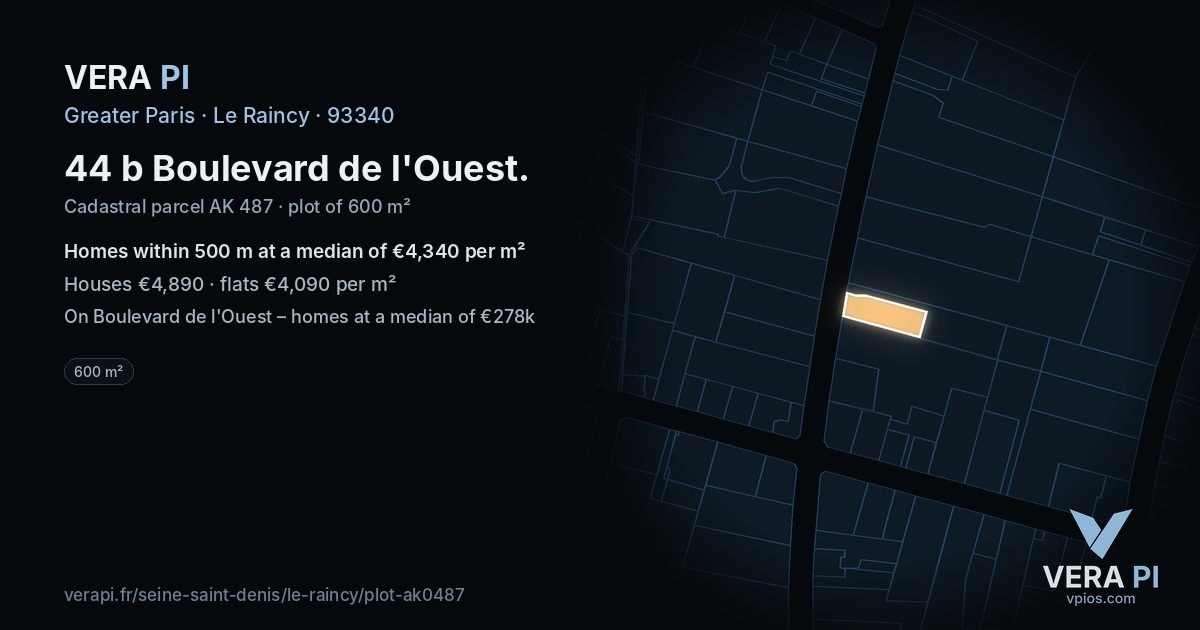 44 b Boulevard de l'Ouest, Le Raincy at night – the plot lit, the parcels around coloured by the prices near them