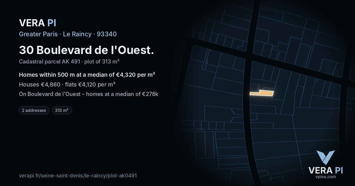 30 Boulevard de l'Ouest, Le Raincy at night – the plot lit, the parcels around coloured by the prices near them