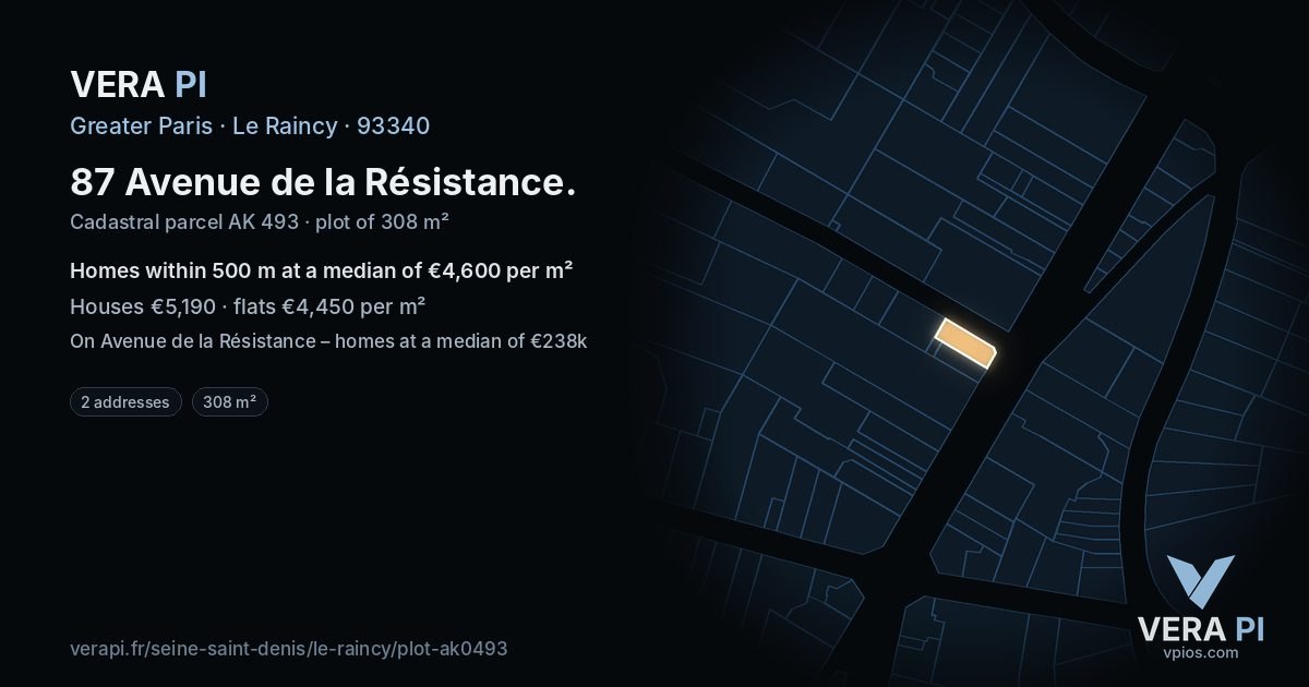 87 Avenue de la Résistance, Le Raincy at night – the plot lit, the parcels around coloured by the prices near them