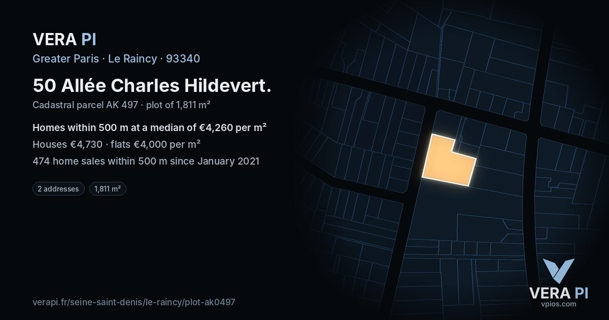 50 Allée Charles Hildevert, Le Raincy at night – the plot lit, the parcels around coloured by the prices near them