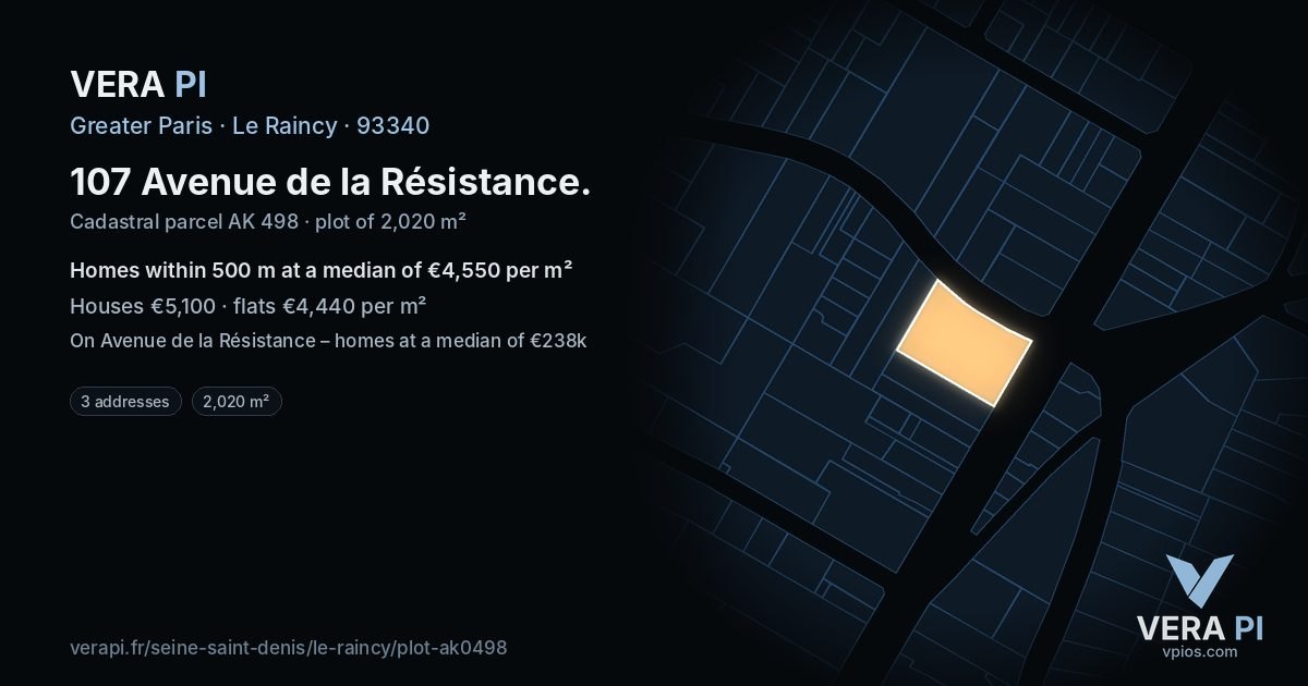107 Avenue de la Résistance, Le Raincy at night – the plot lit, the parcels around coloured by the prices near them