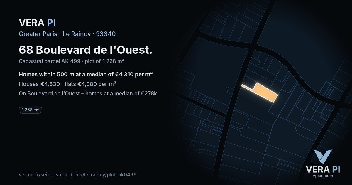 68 Boulevard de l'Ouest, Le Raincy at night – the plot lit, the parcels around coloured by the prices near them