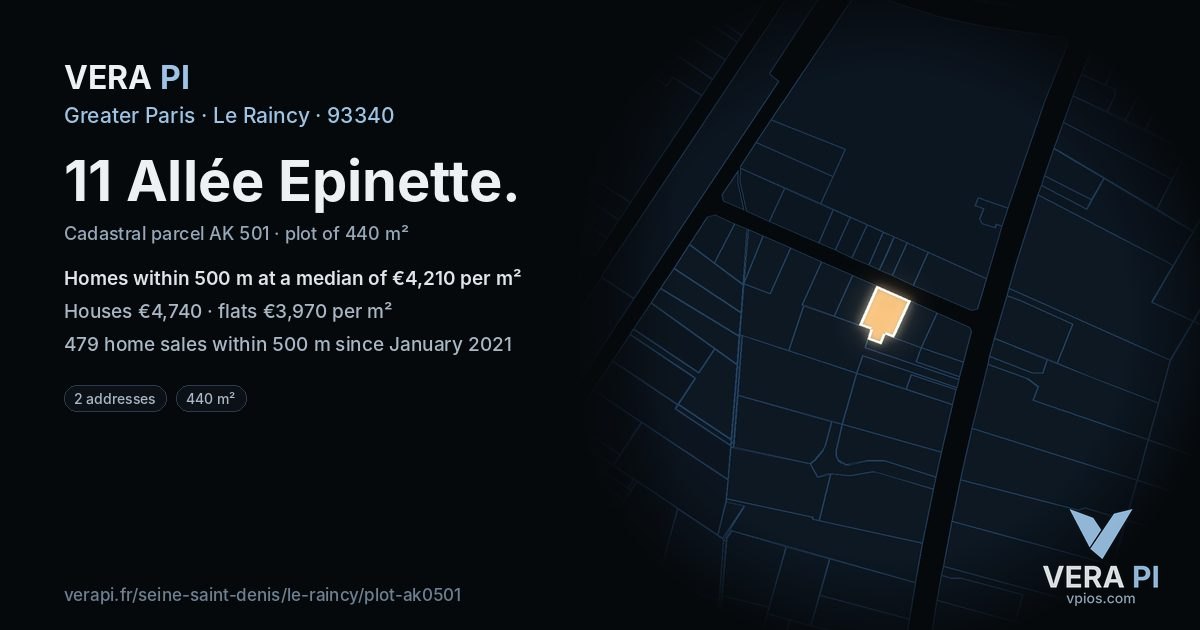 11 Allée Epinette, Le Raincy at night – the plot lit, the parcels around coloured by the prices near them