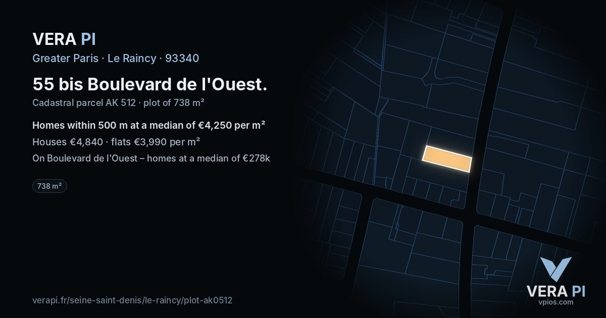 55 bis Boulevard de l'Ouest, Le Raincy at night – the plot lit, the parcels around coloured by the prices near them
