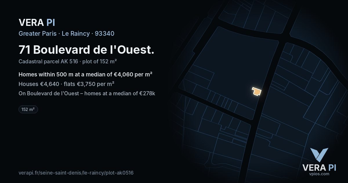 71 Boulevard de l'Ouest, Le Raincy at night – the plot lit, the parcels around coloured by the prices near them