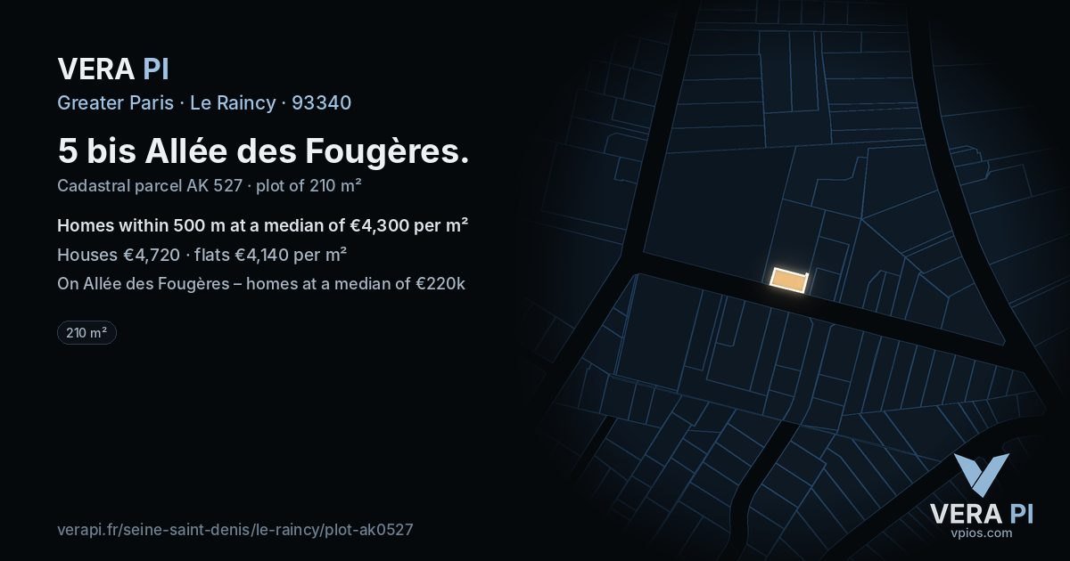 5 bis Allée des Fougères, Le Raincy at night – the plot lit, the parcels around coloured by the prices near them