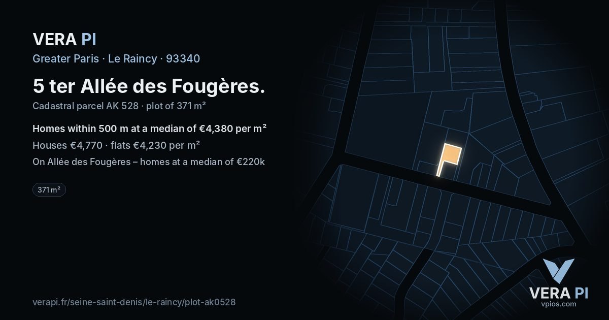 5 ter Allée des Fougères, Le Raincy at night – the plot lit, the parcels around coloured by the prices near them