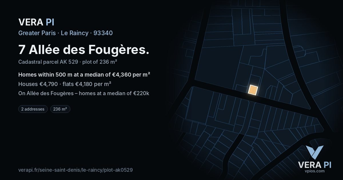 7 Allée des Fougères, Le Raincy at night – the plot lit, the parcels around coloured by the prices near them