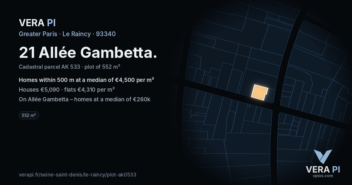 21 Allée Gambetta, Le Raincy at night – the plot lit, the parcels around coloured by the prices near them
