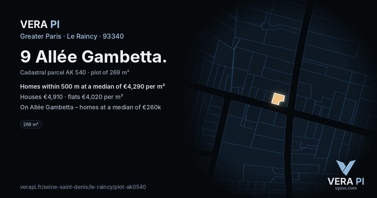9 Allée Gambetta, Le Raincy at night – the plot lit, the parcels around coloured by the prices near them