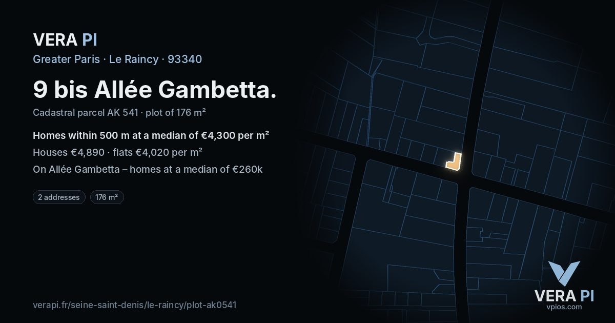 9 bis Allée Gambetta, Le Raincy at night – the plot lit, the parcels around coloured by the prices near them