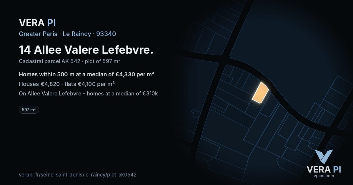 14 Allee Valere Lefebvre, Le Raincy at night – the plot lit, the parcels around coloured by the prices near them