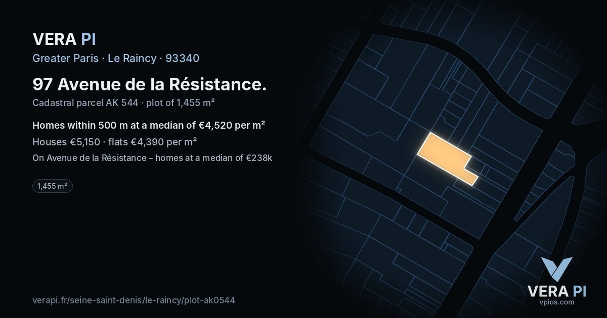 97 Avenue de la Résistance, Le Raincy at night – the plot lit, the parcels around coloured by the prices near them