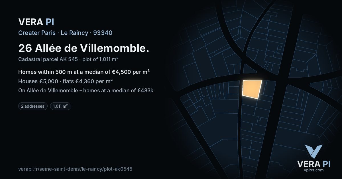 26 Allée de Villemomble, Le Raincy at night – the plot lit, the parcels around coloured by the prices near them