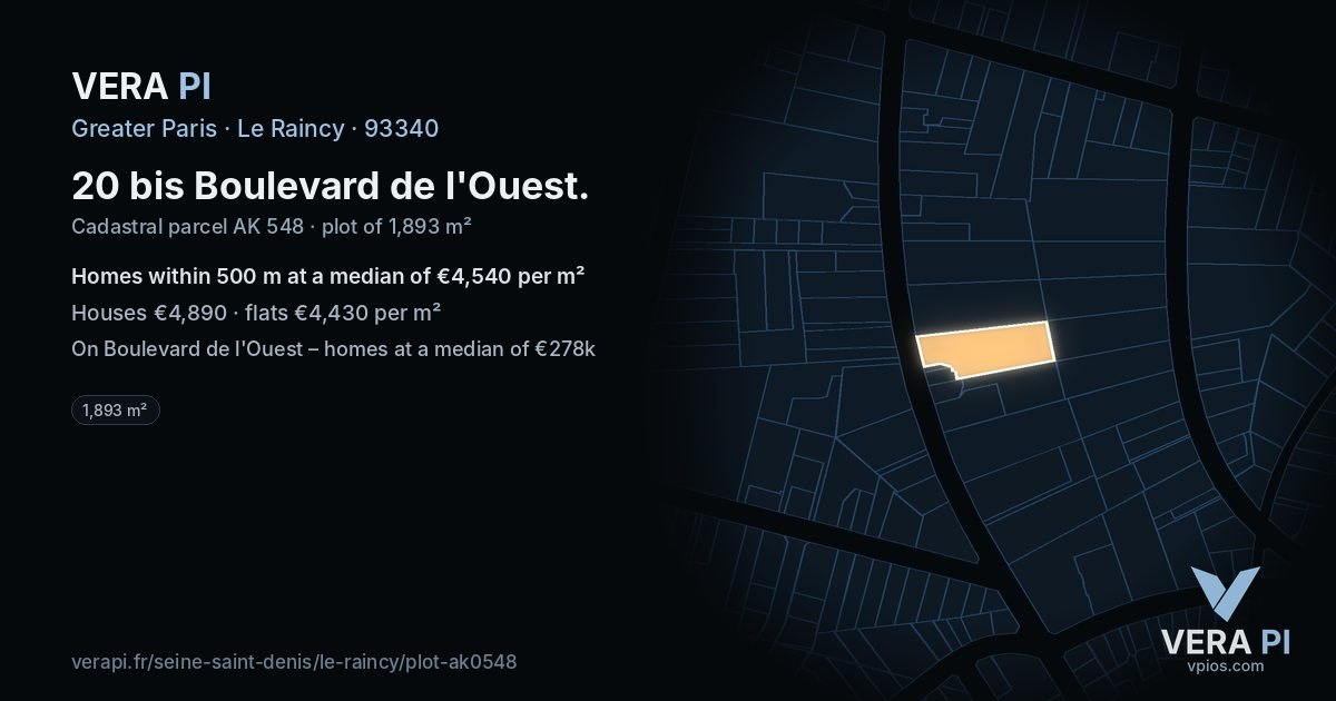 20 bis Boulevard de l'Ouest, Le Raincy at night – the plot lit, the parcels around coloured by the prices near them