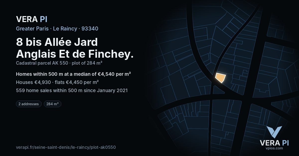 8 bis Allée Jard Anglais Et de Finchey, Le Raincy at night – the plot lit, the parcels around coloured by the prices near them