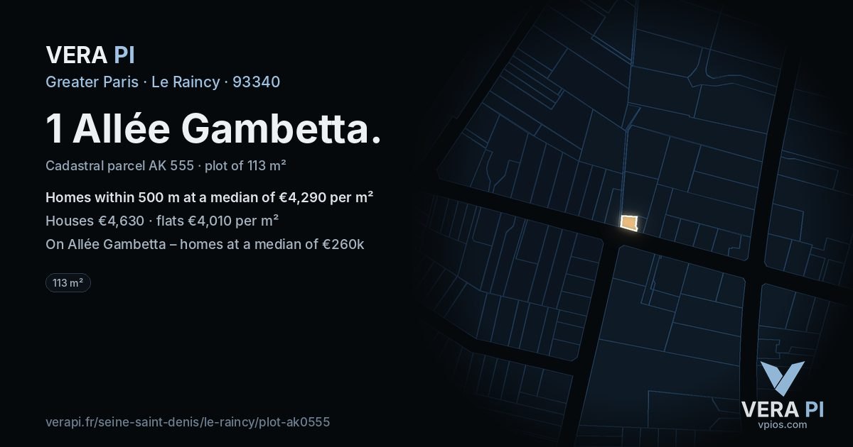 1 Allée Gambetta, Le Raincy at night – the plot lit, the parcels around coloured by the prices near them