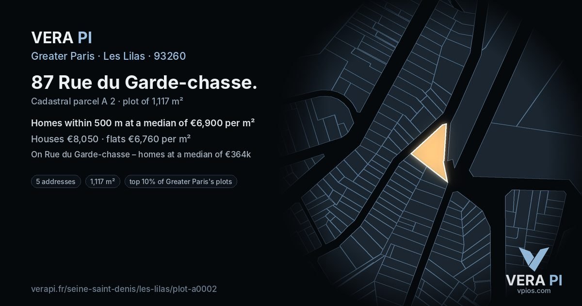87 Rue du Garde-chasse, Les Lilas at night – the plot lit, the parcels around coloured by the prices near them