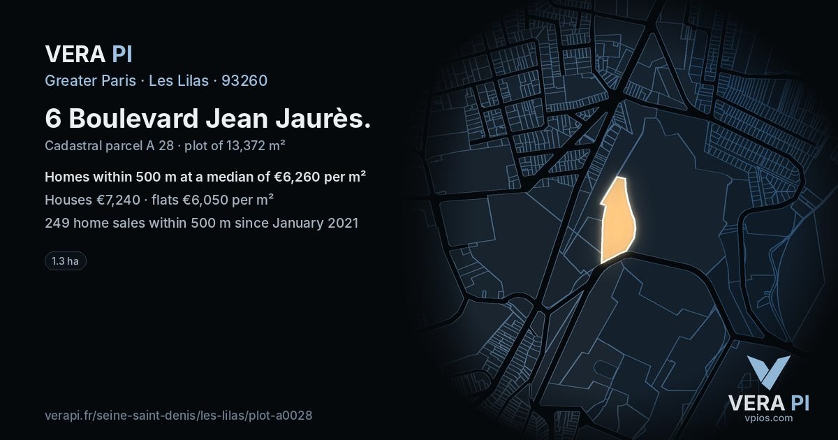 6 Boulevard Jean Jaurès, Les Lilas at night – the plot lit, the parcels around coloured by the prices near them