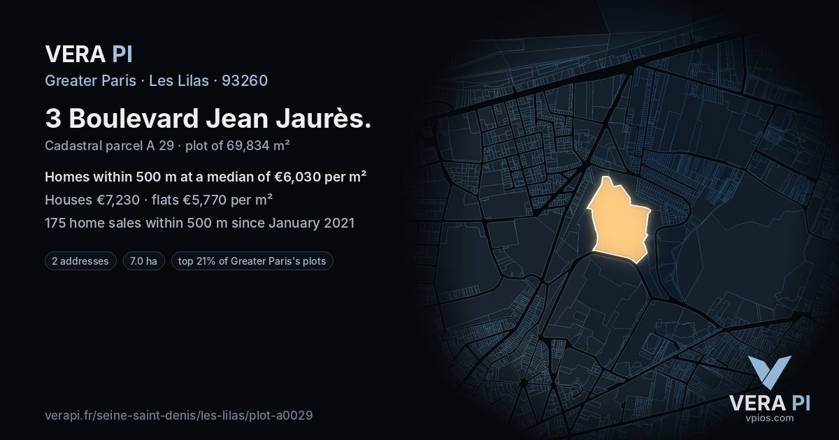 3 Boulevard Jean Jaurès, Les Lilas at night – the plot lit, the parcels around coloured by the prices near them