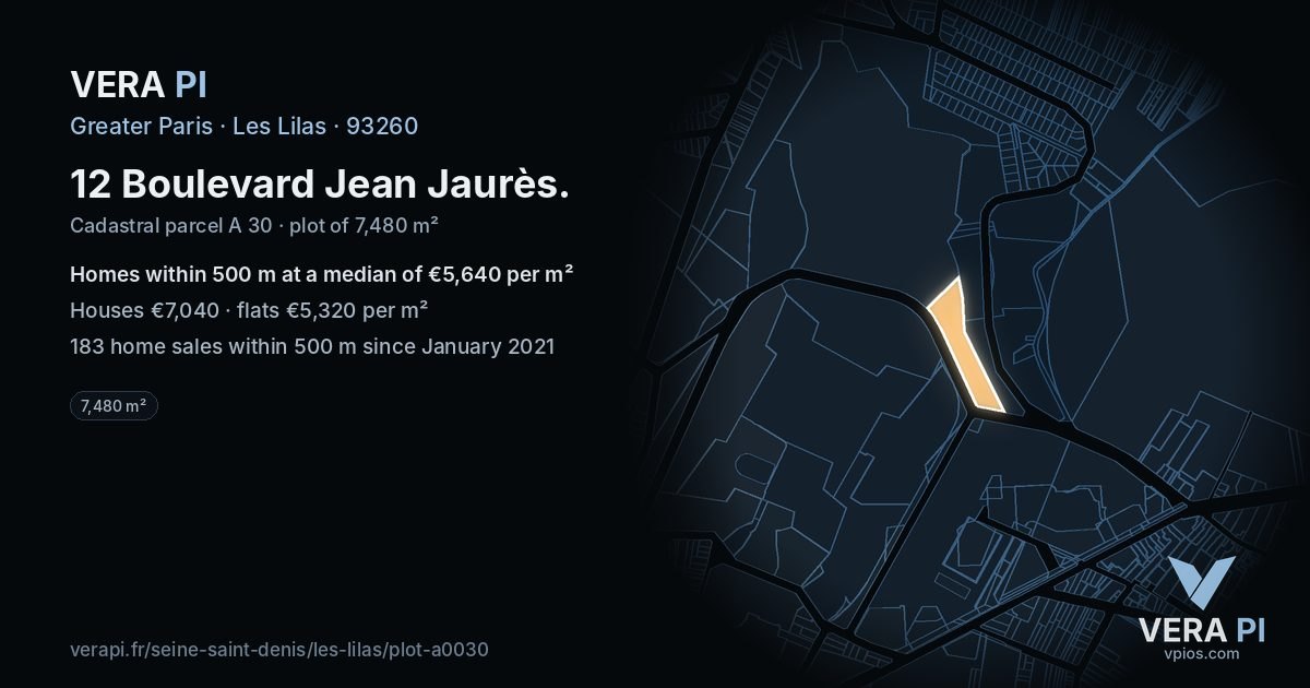 12 Boulevard Jean Jaurès, Les Lilas at night – the plot lit, the parcels around coloured by the prices near them
