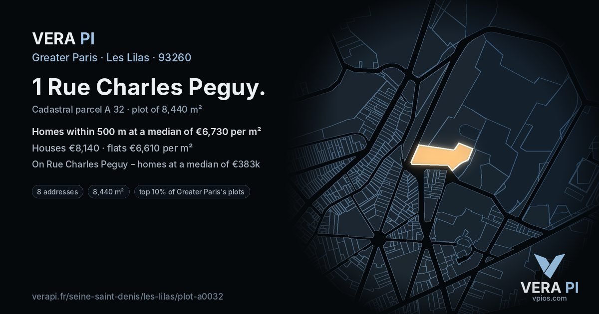 1 Rue Charles Peguy, Les Lilas at night – the plot lit, the parcels around coloured by the prices near them