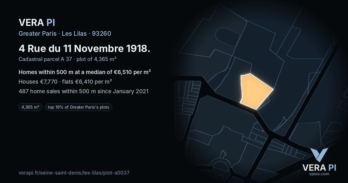4 Rue du 11 Novembre 1918, Les Lilas at night – the plot lit, the parcels around coloured by the prices near them