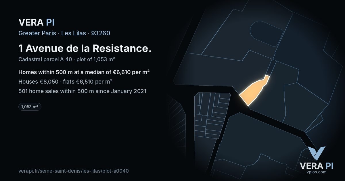 1 Avenue de la Resistance, Les Lilas at night – the plot lit, the parcels around coloured by the prices near them