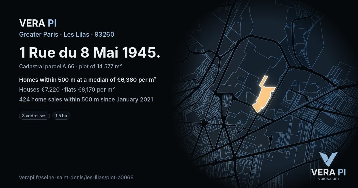 1 Rue du 8 Mai 1945, Les Lilas at night – the plot lit, the parcels around coloured by the prices near them
