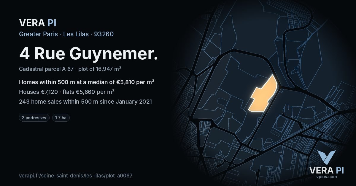 4 Rue Guynemer, Les Lilas at night – the plot lit, the parcels around coloured by the prices near them