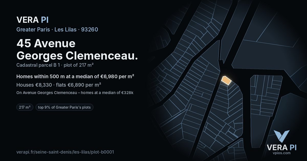 45 Avenue Georges Clemenceau, Les Lilas at night – the plot lit, the parcels around coloured by the prices near them