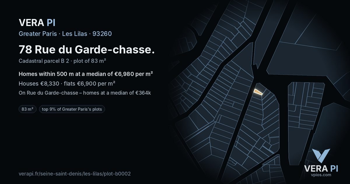78 Rue du Garde-chasse, Les Lilas at night – the plot lit, the parcels around coloured by the prices near them