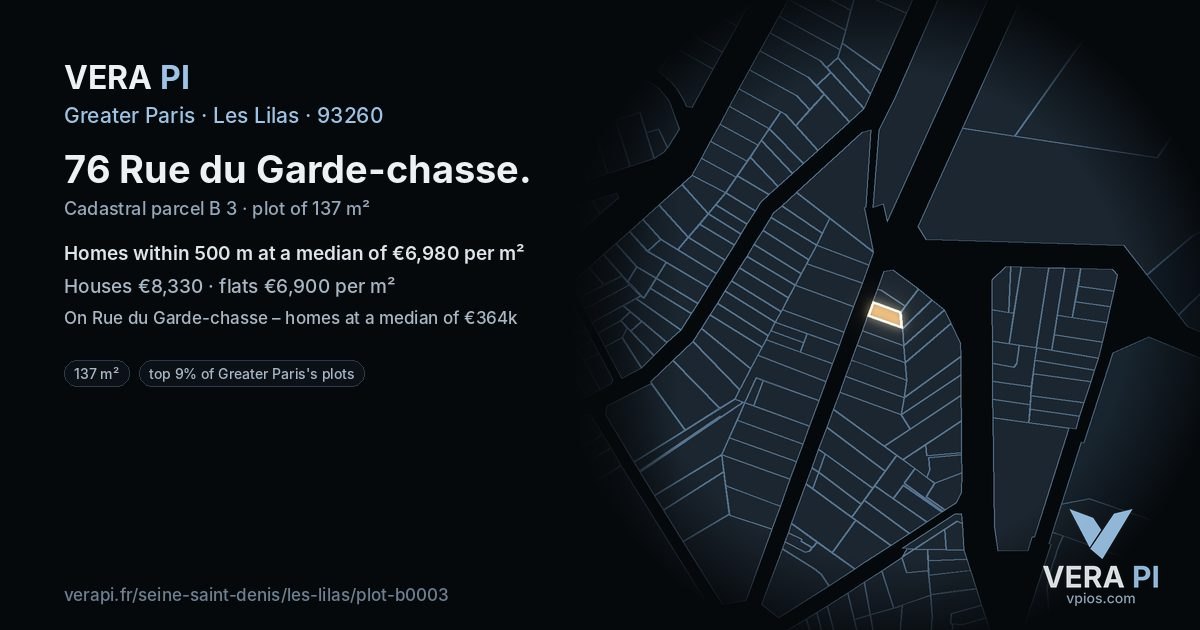 76 Rue du Garde-chasse, Les Lilas at night – the plot lit, the parcels around coloured by the prices near them