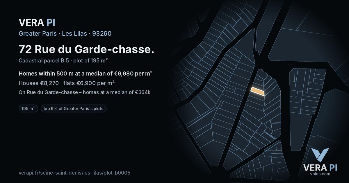 72 Rue du Garde-chasse, Les Lilas at night – the plot lit, the parcels around coloured by the prices near them