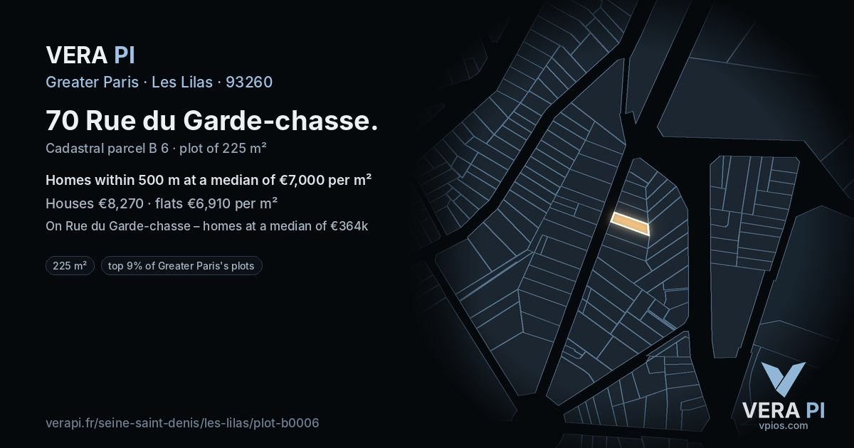 70 Rue du Garde-chasse, Les Lilas at night – the plot lit, the parcels around coloured by the prices near them