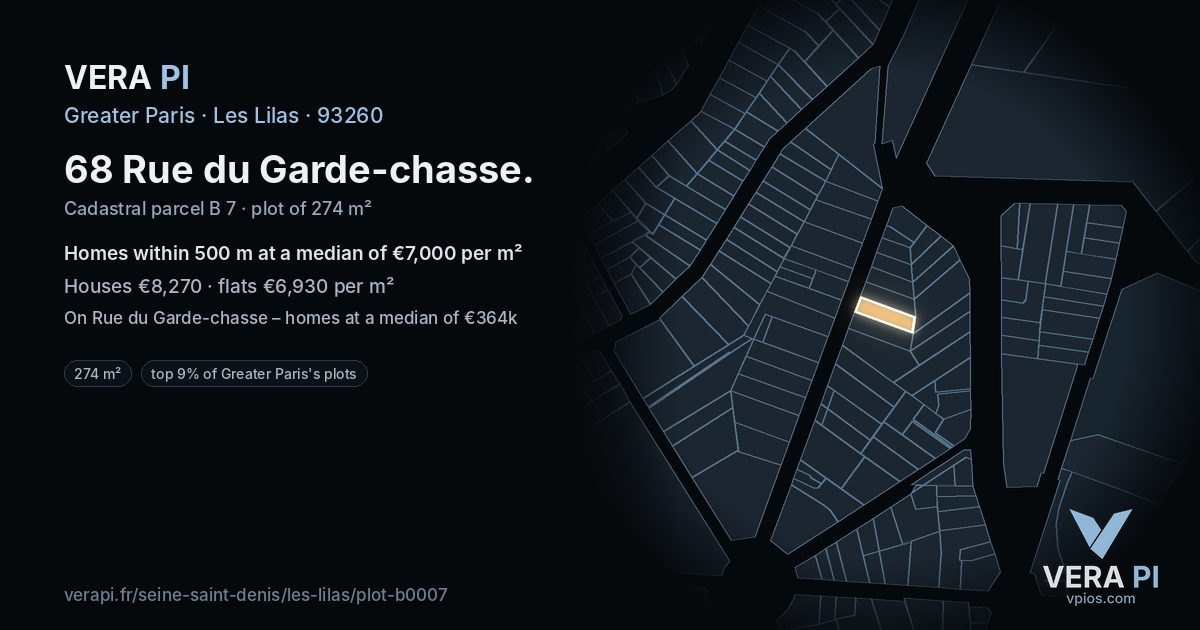 68 Rue du Garde-chasse, Les Lilas at night – the plot lit, the parcels around coloured by the prices near them